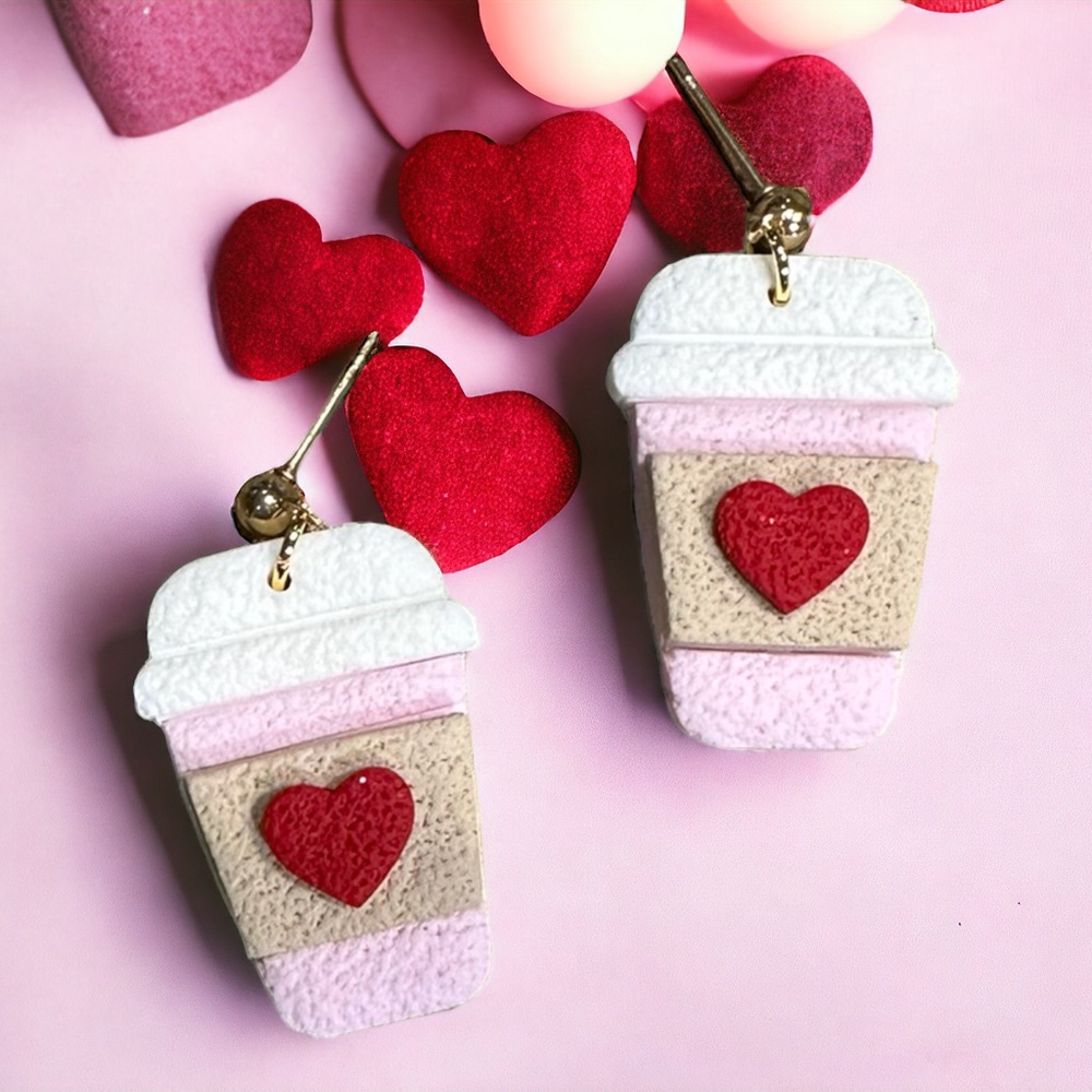 Valentines Day Cup Of Coffee Clay Earrings